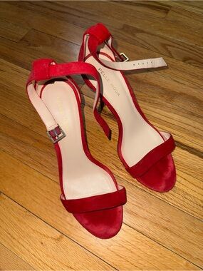 Pelle Moda Red Suede Open-Toe Ankle-Strap Heels